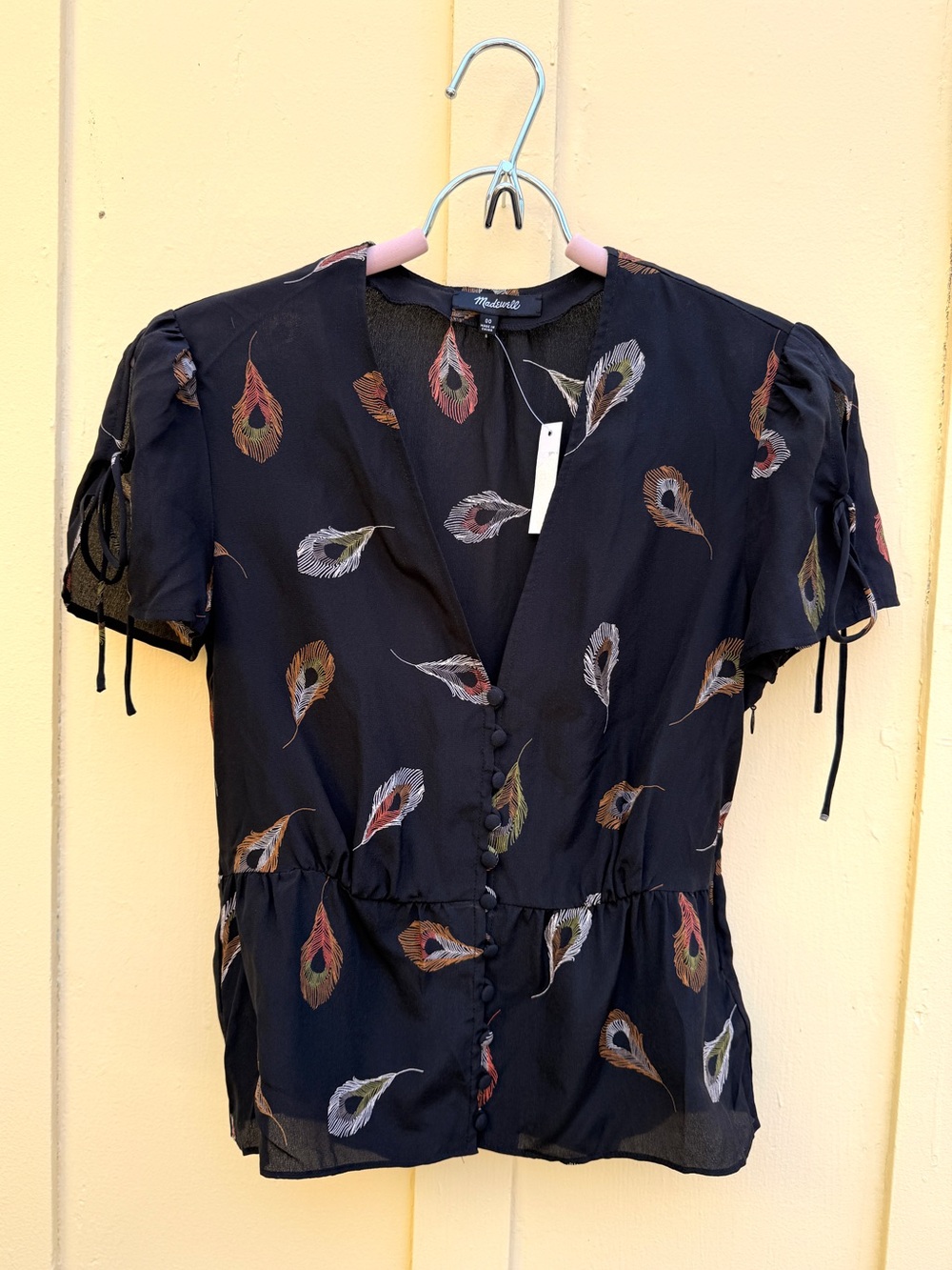 Madewell Black Silk Belle Short-Sleeve Blouse Feather Print Witchy Whimsigoth 00